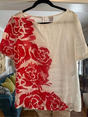 Chico's Cream Blouse with Bold Red Rose Print